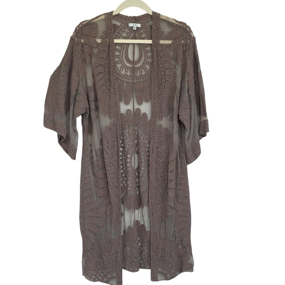 Womens Sz S/M Sheer Brown Sheer Lace Kimono Bell Sleeves Cover Up Cardigan